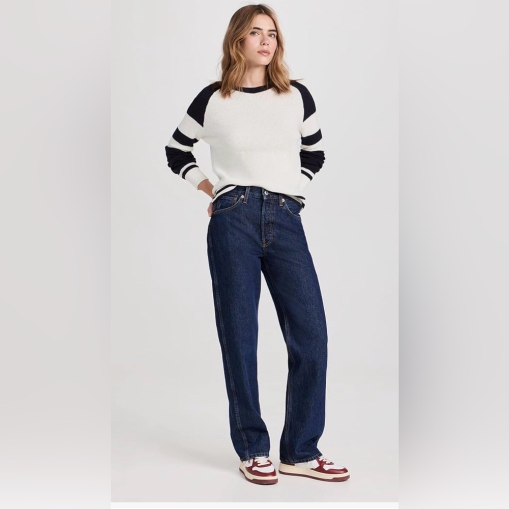 Faherty Throwback Waffle Crew Neck Sweater, Striped, Cotton Cashmere, Size L - Picture 2 of 11